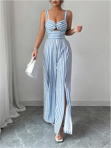 SOLY HUX Women's Striped Wide Leg Jumpsuits Cut Out Twist Front Sweetheart Neck Romper Going Out Outfits in Saudi Arabia