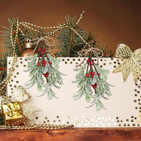 TIESOME Christmas Mistletoe Decor, 2 Pcs Artificial Mistletoe Ornament Mistletoe Hanging Decorations Glitter Christmas Tree Accessories Artificial Dry Leaf Hanging Decoration for Tree Door(Red) in Saudi Arabia