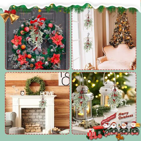 TIESOME Christmas Mistletoe Decor, 2 Pcs Artificial Mistletoe Ornament Mistletoe Hanging Decorations Glitter Christmas Tree Accessories Artificial Dry Leaf Hanging Decoration for Tree Door(Red) in Saudi Arabia