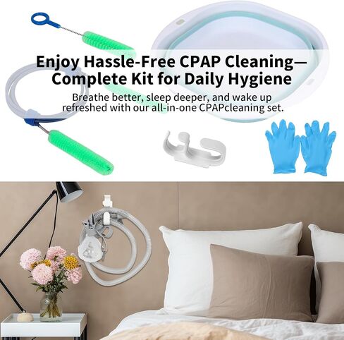 مجموعة تنظيف خرطوم CPAP - فرشاة تنظيف أنبوب CPAP، فرشاة خرطوم CPAP، فرشاة أنبوب CPAP طويلة مرنة مع حوض وخطاف تجفيف وقفازات - مستلزمات تنظيف CPAP للخرطوم والقناع والأنابيب in Saudi Arabia