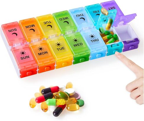 Weekly Pill Organizer 2 Times a Day, Large Pill Box 7 Day with Big AM/PM Compartments for Easy Filling, Push Button Pill Container Travel Pill Case Holder Dispenser for Supplement (Rainbow) in Saudi Arabia