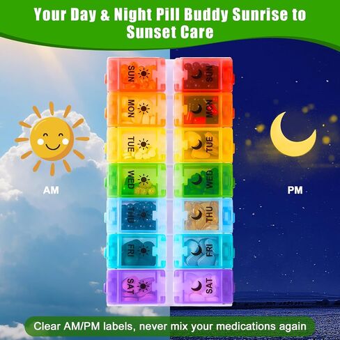 Weekly Pill Organizer 2 Times a Day, Large Pill Box 7 Day with Big AM/PM Compartments for Easy Filling, Push Button Pill Container Travel Pill Case Holder Dispenser for Supplement (Rainbow) in Saudi Arabia