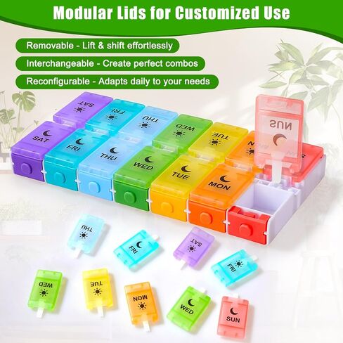 Weekly Pill Organizer 2 Times a Day, Large Pill Box 7 Day with Big AM/PM Compartments for Easy Filling, Push Button Pill Container Travel Pill Case Holder Dispenser for Supplement (Rainbow) in Saudi Arabia