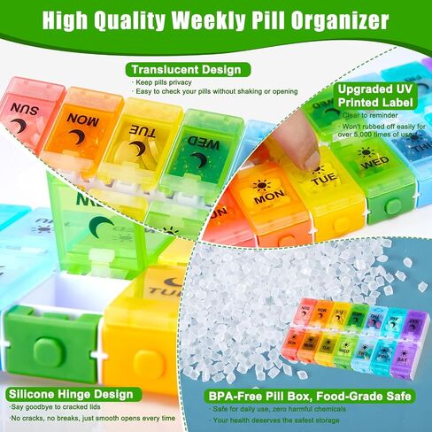 Weekly Pill Organizer 2 Times a Day, Large Pill Box 7 Day with Big AM/PM Compartments for Easy Filling, Push Button Pill Container Travel Pill Case Holder Dispenser for Supplement (Rainbow) in Saudi Arabia