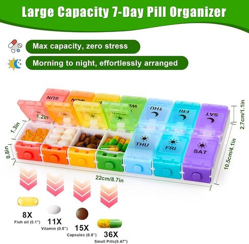 Weekly Pill Organizer 2 Times a Day, Large Pill Box 7 Day with Big AM/PM Compartments for Easy Filling, Push Button Pill Container Travel Pill Case Holder Dispenser for Supplement (Rainbow) in Saudi Arabia