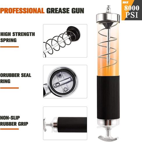 Grease Gun with Quick Release Coupler, 8000 PSI Heavy Duty Pistol Grip Grease Gun Kit, 14 oz Load, 18 Inch Spring Flex Hose, 2 Grease Couplers, 2 Extension Rigid Pipes and 1 Sharp Easy Operation in Saudi Arabia