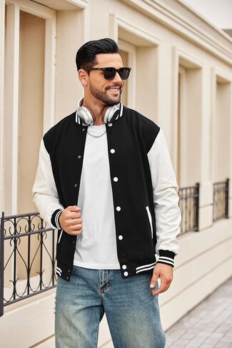 سترات COOFANDY الرجالية العصرية ذات الأكمام الجلدية ذات المقاس النحيف، معطف ليترمان بومبر للبيسبول الجامعي in Kuwait