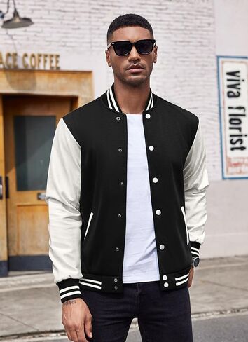 سترات COOFANDY الرجالية العصرية ذات الأكمام الجلدية ذات المقاس النحيف، معطف ليترمان بومبر للبيسبول الجامعي in Kuwait