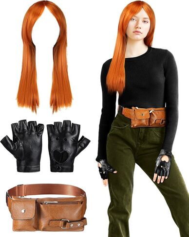 3 Pcs Halloween Costume Accessory Ginger Orange Long Straight Wig Waist Bag Black Fingerless PU Gloves Cosplay in Saudi Arabia