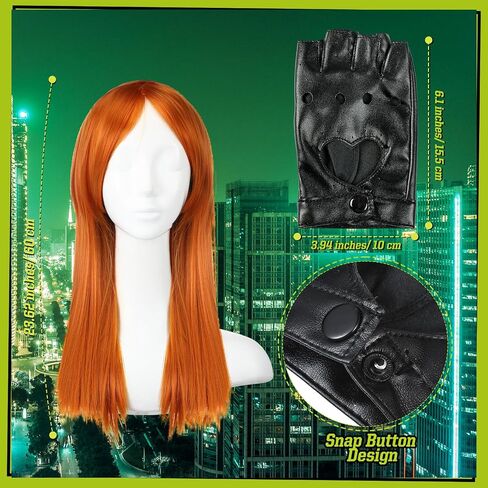 3 Pcs Halloween Costume Accessory Ginger Orange Long Straight Wig Waist Bag Black Fingerless PU Gloves Cosplay in Saudi Arabia