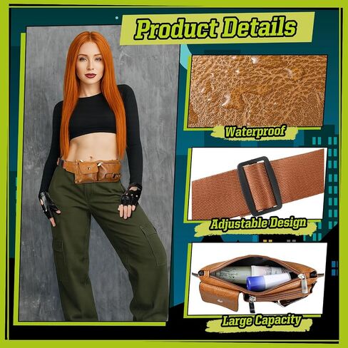 3 Pcs Halloween Costume Accessory Ginger Orange Long Straight Wig Waist Bag Black Fingerless PU Gloves Cosplay in Saudi Arabia