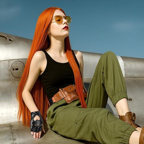 3 Pcs Halloween Costume Accessory Ginger Orange Long Straight Wig Waist Bag Black Fingerless PU Gloves Cosplay in Saudi Arabia