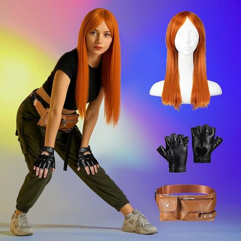 3 Pcs Halloween Costume Accessory Ginger Orange Long Straight Wig Waist Bag Black Fingerless PU Gloves Cosplay in Saudi Arabia