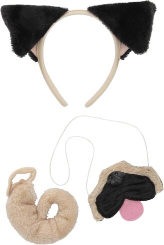 عصابة رأس Elope Pug Dog Ears، مجموعة الأنف والذيل - آذان من الفرو الصناعي، أنف مرن، ذيل قابل للتعديل للعب زي الحيوانات الأليفة in Saudi Arabia