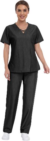 Trendy Edge Scrubs for Women Set, Strappy V-Neck Top & Straight Leg Pants, 7 Pockets Stretch Medical Uniform in Kuwait