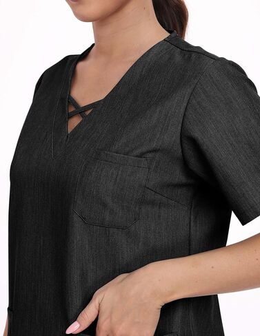 Trendy Edge Scrubs for Women Set, Strappy V-Neck Top & Straight Leg Pants, 7 Pockets Stretch Medical Uniform in Kuwait