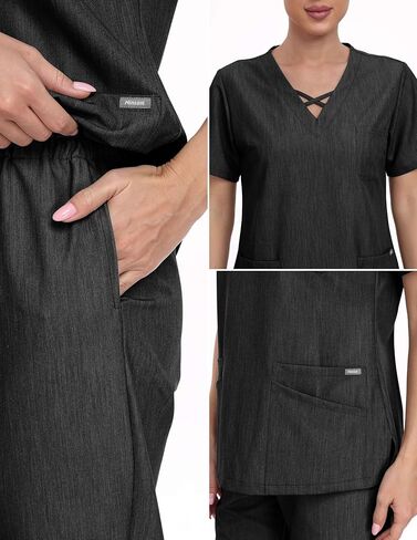 Trendy Edge Scrubs for Women Set, Strappy V-Neck Top & Straight Leg Pants, 7 Pockets Stretch Medical Uniform in Kuwait