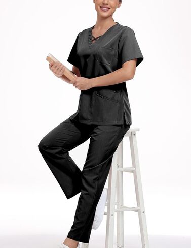 Trendy Edge Scrubs for Women Set, Strappy V-Neck Top & Straight Leg Pants, 7 Pockets Stretch Medical Uniform in Kuwait