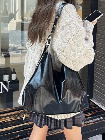Women's Oversized Hobo Shoulder Bag Soft PU Glossy Leather Crossbody with Adjustable Strap Tote Wallet in Saudi Arabia