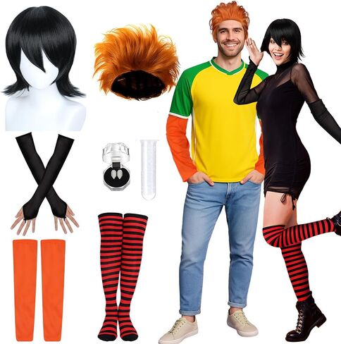 8 Pcs Halloween Hotel Couples Costume Adults Vampire Costume Accessories Wigs Fingerless Gloves Sleeves Red and Black Sriped Socks Vampire Dentures Teether Tweezers for Cosplay Party in Saudi Arabia