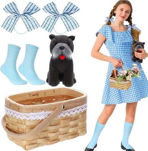 Halloween Costume Women Terrier Stuffed Animal Picnic Basket and Blue Socks Hair Bows Halloween Cosplay Accessories in Saudi Arabia