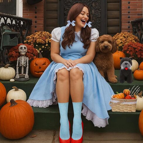 Halloween Costume Women Terrier Stuffed Animal Picnic Basket and Blue Socks Hair Bows Halloween Cosplay Accessories in Saudi Arabia
