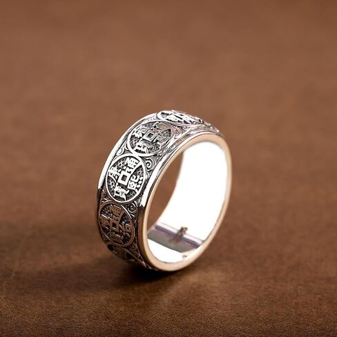 Feng Shui Five Emperors Coin Rings, Vintage S925 Sterling Silver Attracting Wealth Lucky Money Ring, Relieving Stress Good Luck Jewelry Gifts for Men Women in Saudi Arabia