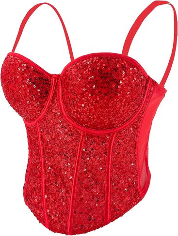 ELLACCI Women's Sexy Sequin Sheer Mesh Bustier Corset Tops Red in Saudi Arabia