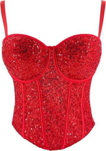 ELLACCI Women's Sexy Sequin Sheer Mesh Bustier Corset Tops Red in Saudi Arabia
