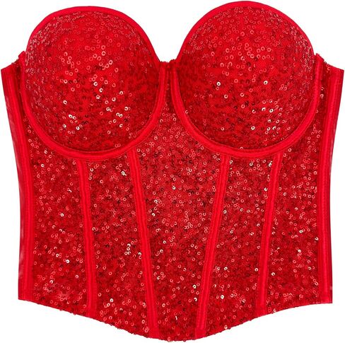 ELLACCI Women's Sexy Sequin Sheer Mesh Bustier Corset Tops Red in Saudi Arabia