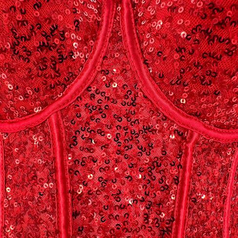 ELLACCI Women's Sexy Sequin Sheer Mesh Bustier Corset Tops Red in Saudi Arabia