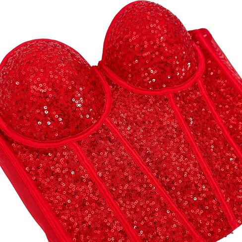 ELLACCI Women's Sexy Sequin Sheer Mesh Bustier Corset Tops Red in Saudi Arabia