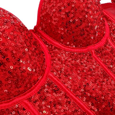 ELLACCI Women's Sexy Sequin Sheer Mesh Bustier Corset Tops Red in Saudi Arabia