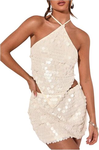SweatyRocks Women's Sexy Sequin Halter Tops Crisscross Tie Backless Asymmetrical Party Top in Saudi Arabia