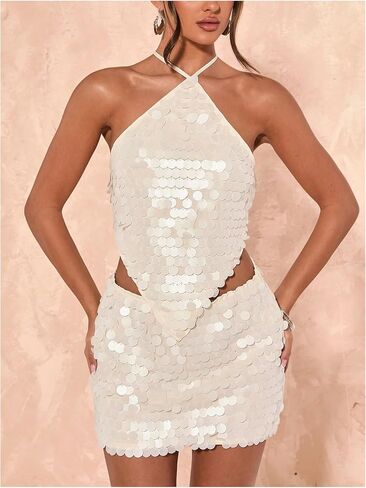 SweatyRocks Women's Sexy Sequin Halter Tops Crisscross Tie Backless Asymmetrical Party Top in Saudi Arabia