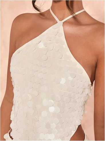 SweatyRocks Women's Sexy Sequin Halter Tops Crisscross Tie Backless Asymmetrical Party Top in Saudi Arabia