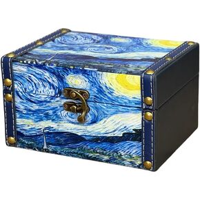 صندوق الكنز الخشبي العتيق + جلد البولي يوريثان صناديق تخزين مزخرفة حلية صندوق مجوهرات تذكار صندوق تذكار مع أغطية هدايا للأطفال الفتيات النساء ديكور المنزل (ليلة مرصعة بالنجوم) in Kuwait