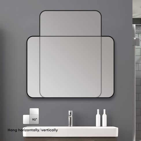 Black Metal Framed Mirror Rectangle Wall Mount Bathroom Vanity Mirror, 20" X 28" in Kuwait