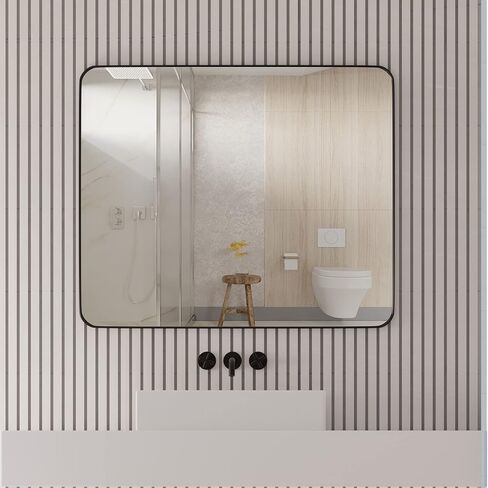 Black Metal Framed Mirror Rectangle Wall Mount Bathroom Vanity Mirror, 20" X 28" in Kuwait
