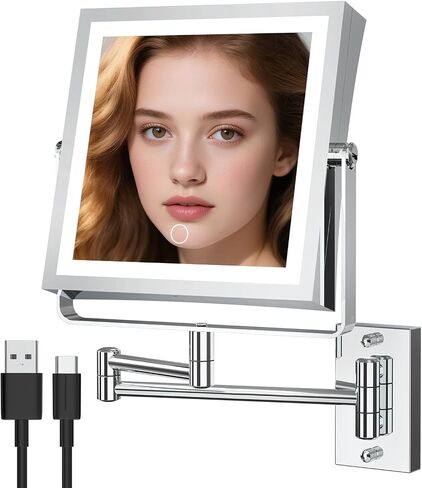 Wall Mounted Makeup Mirror with Lights 4000mAh Rechargeable Double Sided 1X/10X Magnifying Lighted Vanity Mirror with 3 Color Lights & Touch Dimmable 360° Rotation Extension Swing Arm for Bathroom in Saudi Arabia