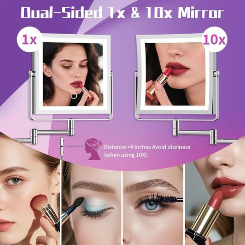 Wall Mounted Makeup Mirror with Lights 4000mAh Rechargeable Double Sided 1X/10X Magnifying Lighted Vanity Mirror with 3 Color Lights & Touch Dimmable 360° Rotation Extension Swing Arm for Bathroom in Saudi Arabia