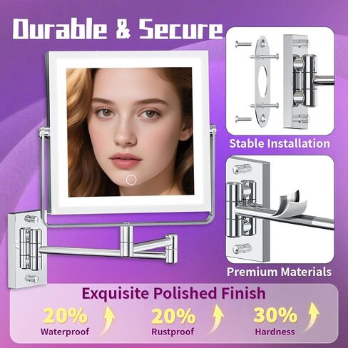 Wall Mounted Makeup Mirror with Lights 4000mAh Rechargeable Double Sided 1X/10X Magnifying Lighted Vanity Mirror with 3 Color Lights & Touch Dimmable 360° Rotation Extension Swing Arm for Bathroom in Saudi Arabia