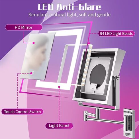Wall Mounted Makeup Mirror with Lights 4000mAh Rechargeable Double Sided 1X/10X Magnifying Lighted Vanity Mirror with 3 Color Lights & Touch Dimmable 360° Rotation Extension Swing Arm for Bathroom in Saudi Arabia