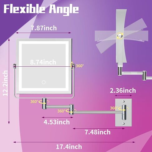 Wall Mounted Makeup Mirror with Lights 4000mAh Rechargeable Double Sided 1X/10X Magnifying Lighted Vanity Mirror with 3 Color Lights & Touch Dimmable 360° Rotation Extension Swing Arm for Bathroom in Saudi Arabia