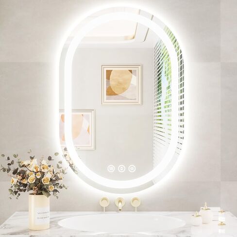 مرآة LED بيضاوية مقاس 24 بوصة × 36 بوصة للحمام، مرآة زينة للحمام مضاءة مع أضواء - مضادة للضباب، إضاءة أمامية وخلفية، قابلة للتعتيم، 3 ألوان، مرآة مع مستشعر باللمس، Espejos para Baños in Saudi Arabia