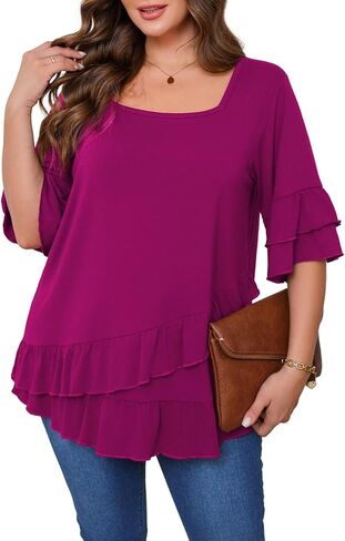 بلوزة نسائية من Beauhuty مقاس كبير برقبة مربعة تونك مزدوج الكشكشة تنحنح 3/4 كم قميص كاجوال عصري متدفق فضفاض أنيق in Kuwait