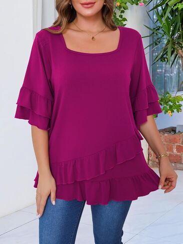 بلوزة نسائية من Beauhuty مقاس كبير برقبة مربعة تونك مزدوج الكشكشة تنحنح 3/4 كم قميص كاجوال عصري متدفق فضفاض أنيق in Kuwait