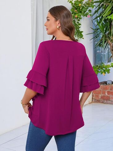 بلوزة نسائية من Beauhuty مقاس كبير برقبة مربعة تونك مزدوج الكشكشة تنحنح 3/4 كم قميص كاجوال عصري متدفق فضفاض أنيق in Kuwait