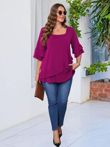 بلوزة نسائية من Beauhuty مقاس كبير برقبة مربعة تونك مزدوج الكشكشة تنحنح 3/4 كم قميص كاجوال عصري متدفق فضفاض أنيق in Kuwait