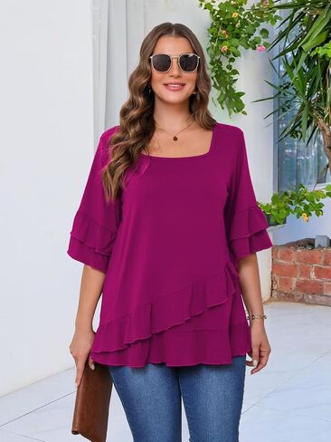 بلوزة نسائية من Beauhuty مقاس كبير برقبة مربعة تونك مزدوج الكشكشة تنحنح 3/4 كم قميص كاجوال عصري متدفق فضفاض أنيق in Kuwait